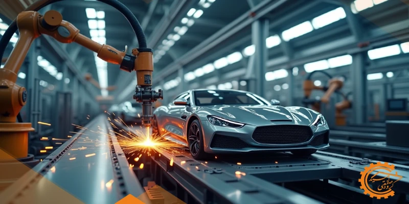 سیستم برش لیزر فیبر در حال برش پنل‌های بدنه خودرو در یک خط تولید خودکار.